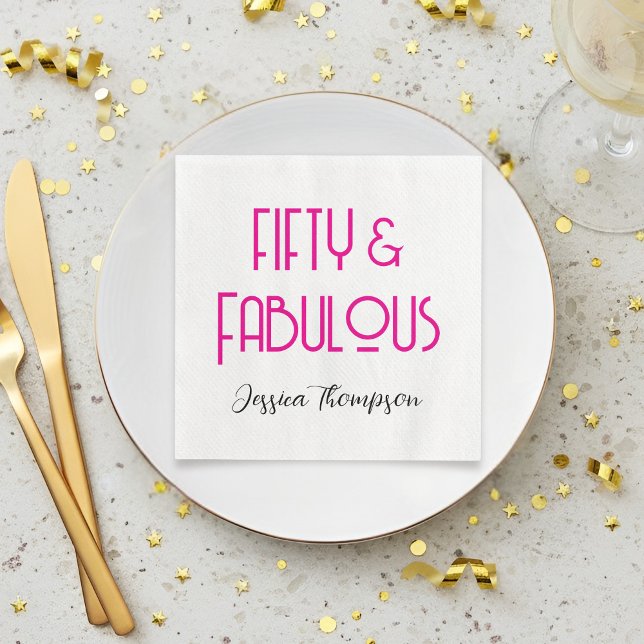 Modern Fifty and Fabulous Name 50th Birthday Party Napkin (Elegant Fifty and Fabulous pink and black text 50th birthday napkin)