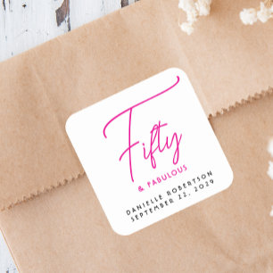Modern Fifty and Fabulous Pink 50th Birthday Party Square Sticker