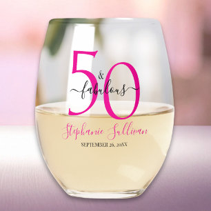 Modern Fifty and Fabulous Pink 50th Birthday Party Stemless Wine Glass