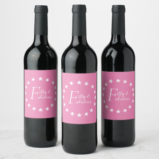 Modern Fifty and Fabulous Pink Star Birthday Wine Label (Bottles)