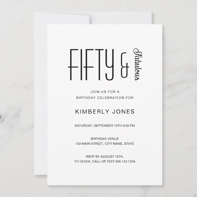 Modern Fifty & Fabulous 50th Birthday Party Invitation (Front)