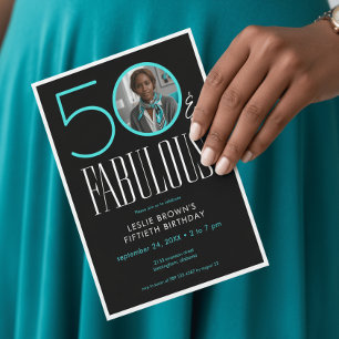Modern Fifty Fabulous Aqua White Photo Birthday Invitation