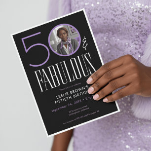 Modern Fifty Fabulous Purple White Photo Birthday Invitation