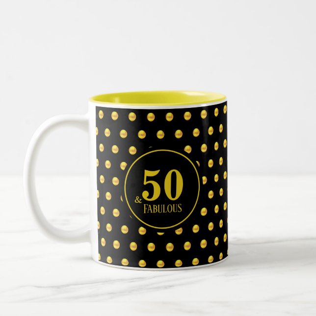 Modern Fifty & Fabulous with Gold Dots on Black Two-Tone Coffee Mug (Left)