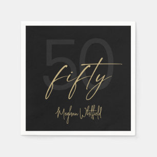 Modern Fifty Gold Script Black 50th Birthday Party Napkin