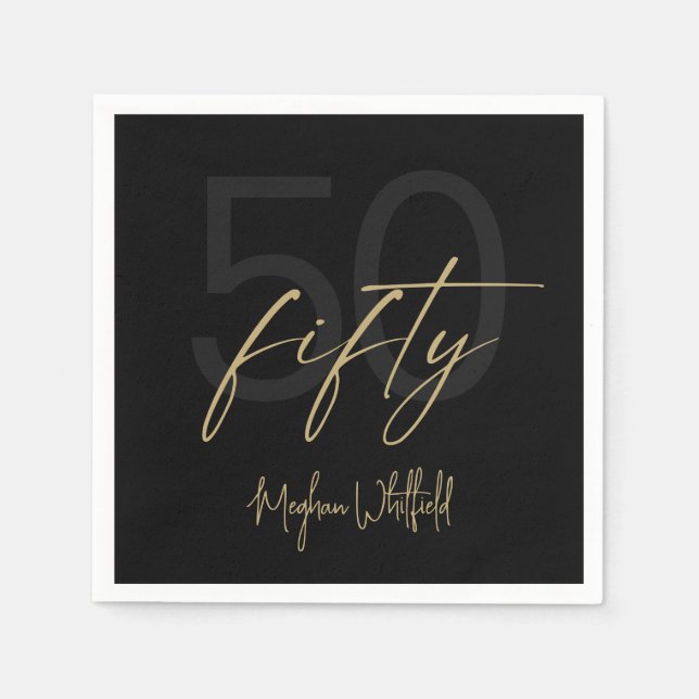 Modern Fifty Gold Script Black 50th Birthday Party Napkin (Front)