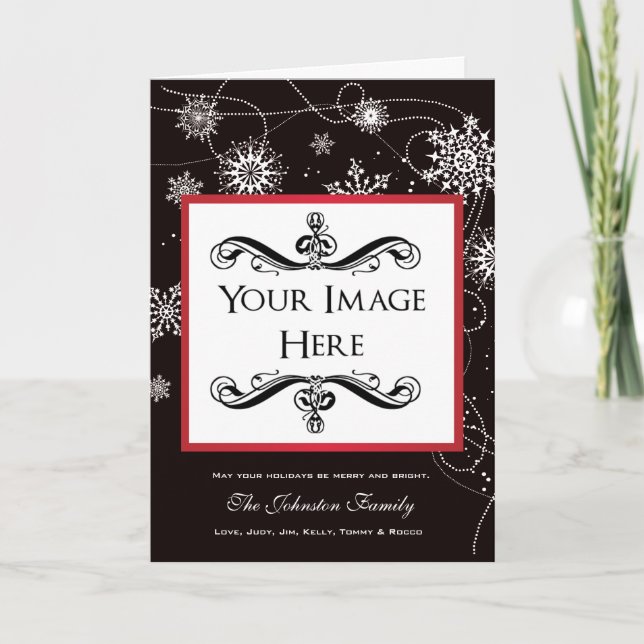 Modern Filigree Falling Snowflakes Holiday Photo (Front)