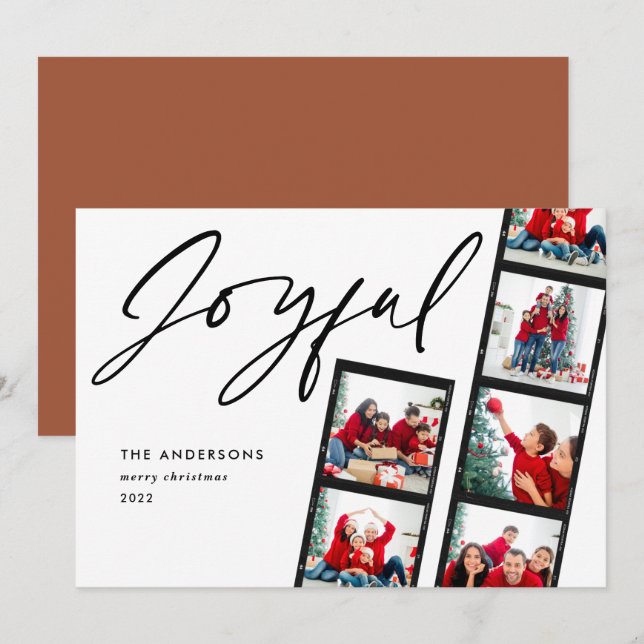 Modern film strip 5 Photo Joyful Christmas rust Holiday Card (Front/Back)