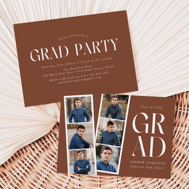 Modern Filmstrip Brown 6 Photo Graduation Party Invitation (Creator Uploaded)