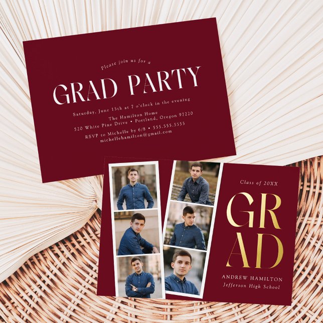 Modern Filmstrip Burgundy 6 Photo Graduation Party (Creator Uploaded)