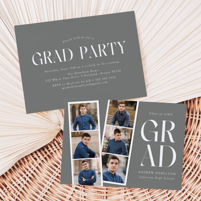 Modern Filmstrip Grey 6 Photo Graduation Party Invitation (Creator Uploaded)