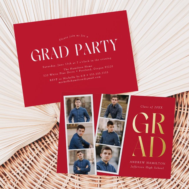 Modern Filmstrip Red 6 Photo Graduation Party (Creator Uploaded)