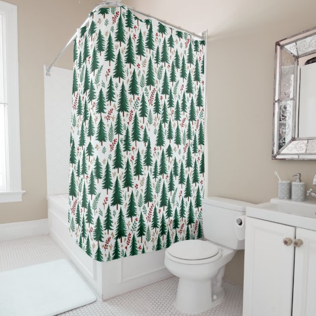 Modern Fir Forest Christmas Trees Pattern  Shower Curtain (In Situ)