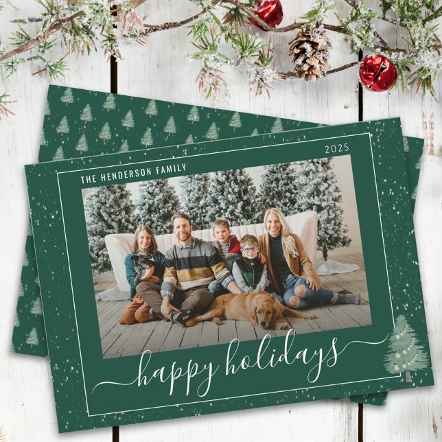 Modern Fir Tree Festive Lights Snow Photo Green Holiday Card (Modern watercolor christmas tree festive lights snow family photo happy holidays green card Elegant)