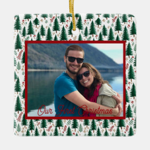 Modern Fir Tree Pattern Our First Christmas Couple Ceramic Ornament