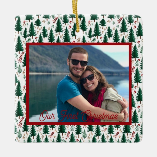 Modern Fir Tree Pattern Our First Christmas Couple Ceramic Ornament (Front)