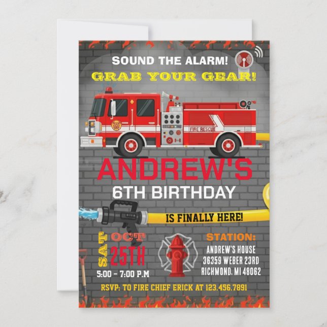 Modern Fire Fighter Department Theme Truck Invitation (Front)