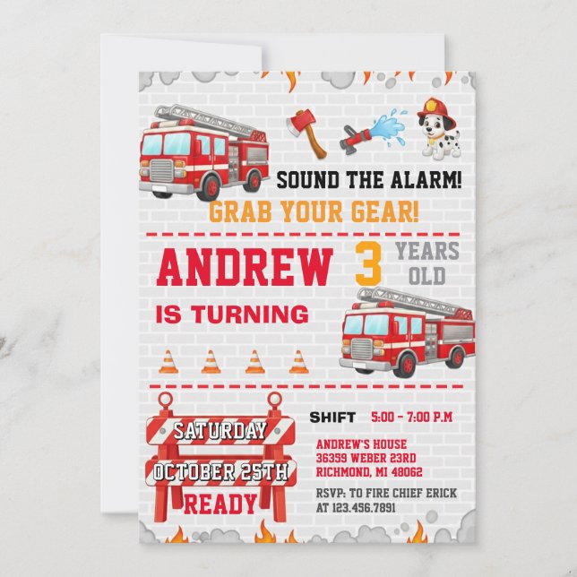 Modern Fire Fighter Station Rescue Truck Flames Invitation (Front)
