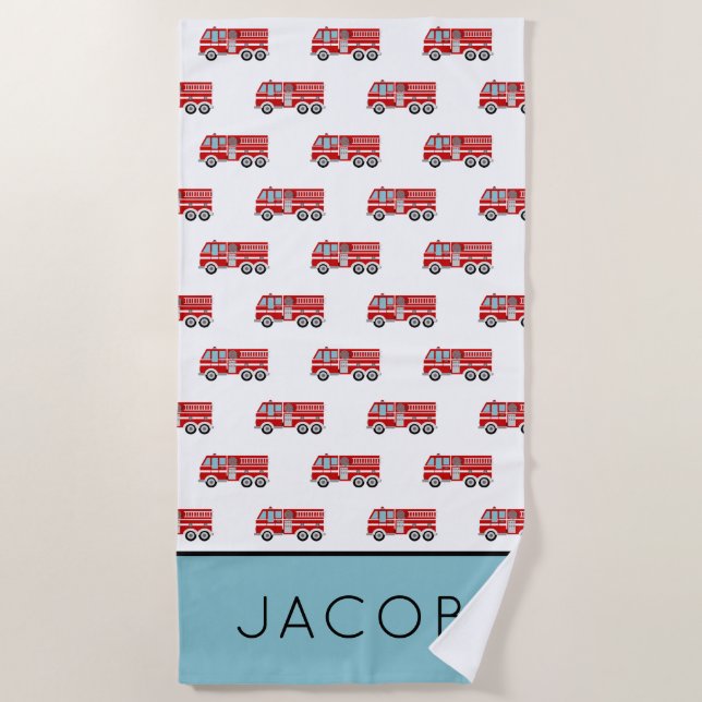 Modern Fire Truck Pattern Personalised Kids Beach Towel (Front)