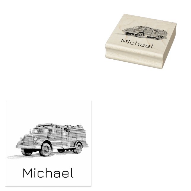 Modern Fire Truck Personalised Name  Rubber Stamp (Stamped)