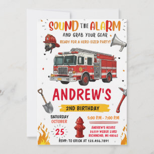 Modern FireFigher truck Birthday with image Invitation