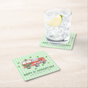 Modern Firefighter St. Patrick's Day Fire Truck Square Paper Coaster