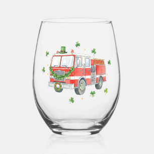 Modern Firefighter St. Patrick's Day Fire Truck Stemless Wine Glass