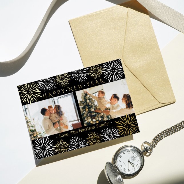 Modern Fireworks 2 Photo Happy New Year Real Foil Holiday Card (Creator Uploaded)