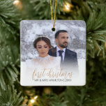 Modern 'First As Mr & Mrs' Photo Christmas Tree Ceramic Ornament<br><div class="desc">Stylish photo christmas tree decoration to celebrate a newly weds first christmas as a married couple. The ornament features a photo with a subtle white overlay and template text which reads, 'FIRST CHRISTMAS AS MR AND MRS' and their surname. the font styles and colours can be changed easily by clicking...</div>