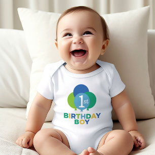 Modern First Birthday Baby Boy Blue Green Balloons Bodysuit