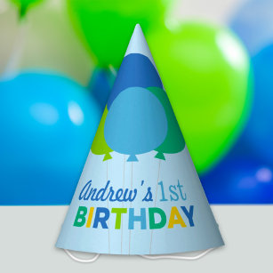 Modern First Birthday Boy Blue Green Balloons Party Hat