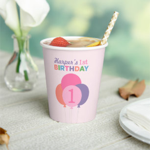 Modern First Birthday Girl Pink Purple Balloons Pa Paper Cups