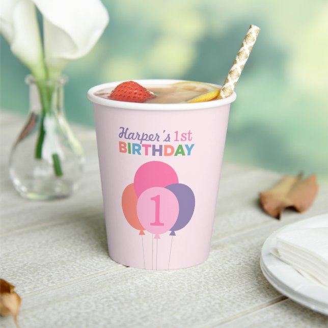 Modern First Birthday Girl Pink Purple Balloons Pa Paper Cups (Insitu)