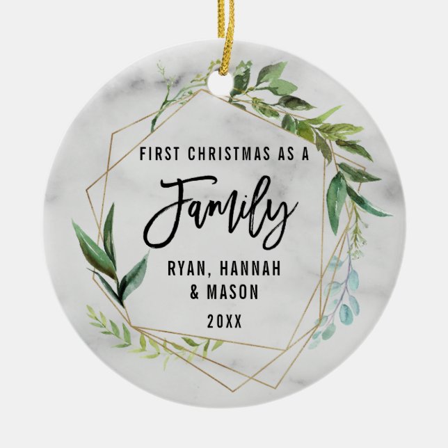 Modern First Christmas As A Family Photo Ceramic Tree Decoration (Front)