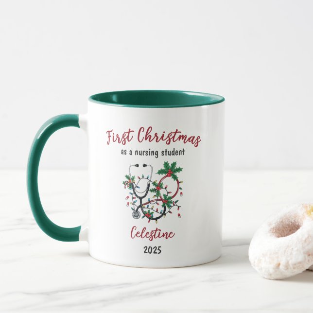 Modern First Christmas as a Nursing Student Custom Mug (With Donut)