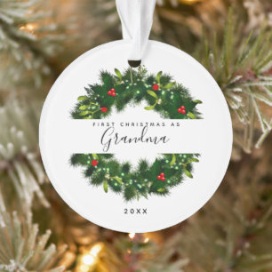 Modern First Christmas As Grandma Greenery Wreath Ornament