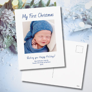 Modern First Christmas Baby Boy Photo Cute Holiday Postcard