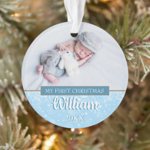 Modern First Christmas Baby Boy Photos Script Ornament