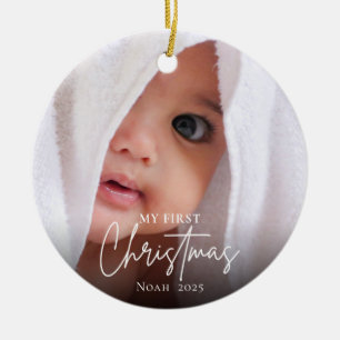 Modern First Christmas Baby Photo Name Elegant  Ceramic Tree Decoration