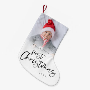 Modern First Christmas Baby Photo Script Small Christmas Stocking