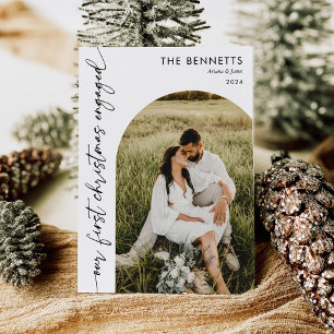 Modern First Christmas Engaged Boho Arch Photo Holiday Card