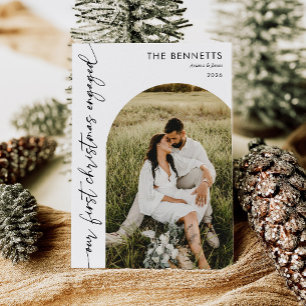 Modern First Christmas Engaged Boho Arch Photo Holiday Card