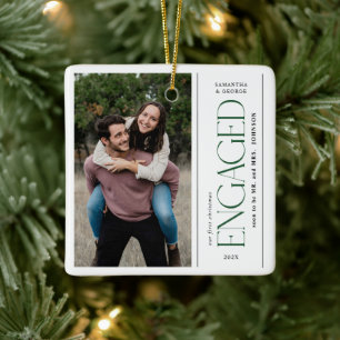 Modern First Christmas Engaged Couples Photo Ceramic Ornament