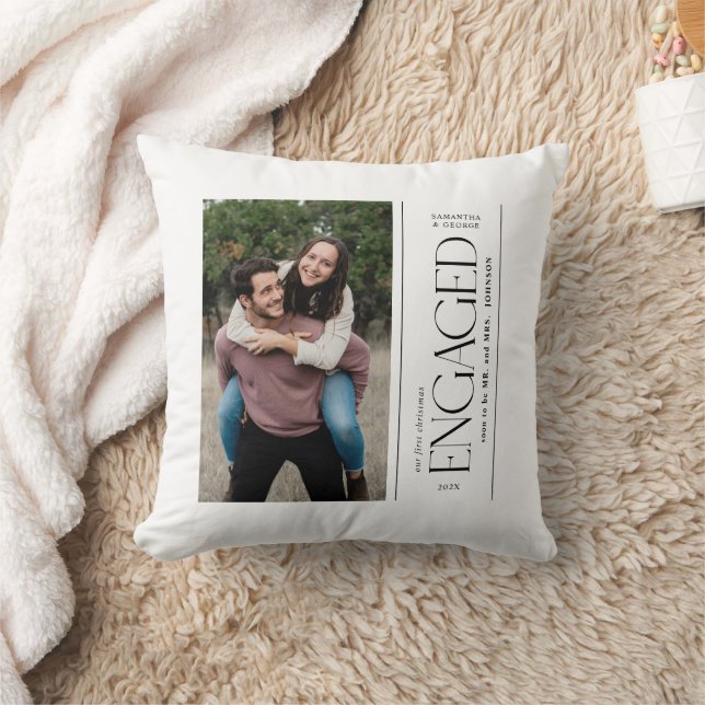 Modern First Christmas Engaged Couples Photo Cushion (Blanket)