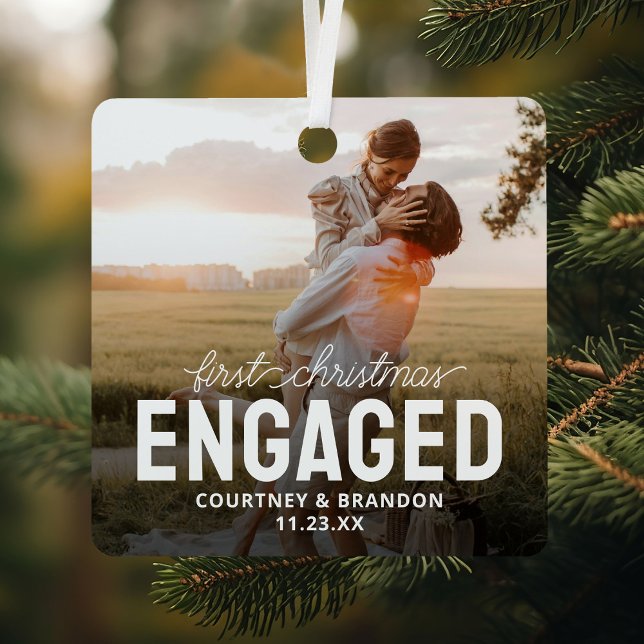 Modern First Christmas Engaged Keepsake Photo Metal Tree Decoration (Creator Uploaded)