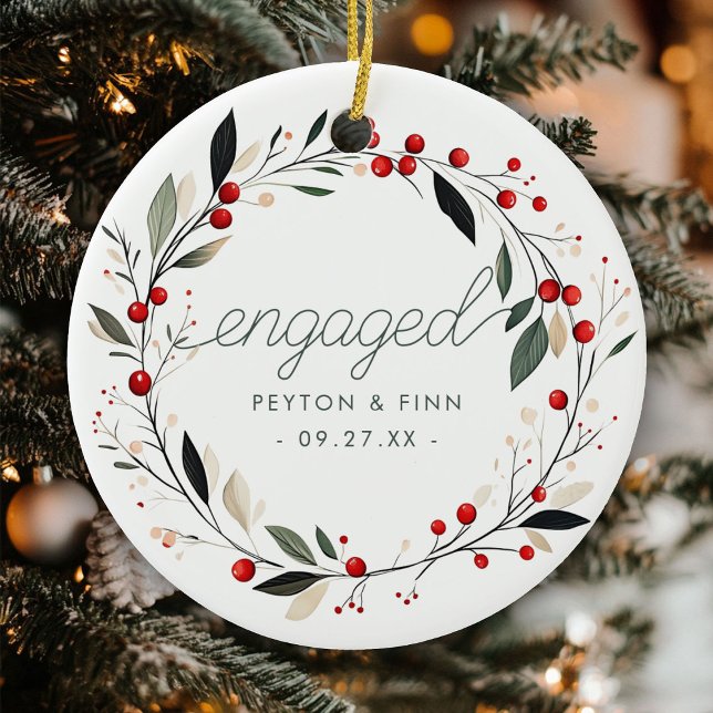 Modern First Christmas Engaged Mistletoe Wreath Ceramic Tree Decoration (Creator Uploaded)
