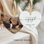 Modern First Christmas Engaged Names & Photo Ceramic Tree Decoration<br><div class="desc">A personalised engagement Christmas ornament with custom text and photo is a meaningful keepsake for couples celebrating their first holiday engaged. The front design features a romantic heart shape with the elegant phrase “Our First Christmas Engaged” in a mix of flowing script and classic typewriter fonts, along with customisable names...</div>