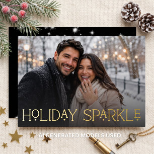 Modern First Christmas Engaged Photo Black Foil Holiday Card