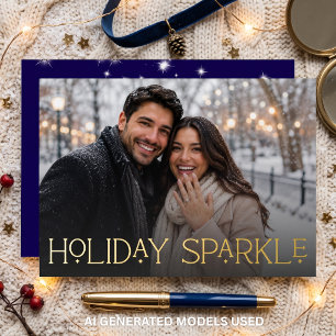Modern First Christmas Engaged Photo Blue Foil Holiday Card