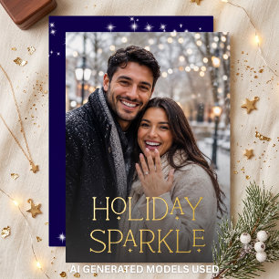 Modern First Christmas Engaged Photo Blue Foil Holiday Card